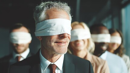 A group of business professionals are standing together, all of them blindfolded, symbolizing blind trust or a lack of vision in the business world