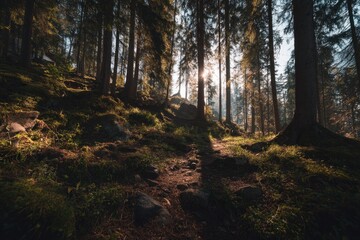 Obraz premium Sunlight streams through a dense forest, illuminating a path