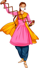 Sikh Punjabi Sardar woman playing musical instrunment and dancing bhangra on holiday like Lohri or Vaisakhi