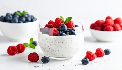 Glass bowl of Greek yogurt with raspberries, blueberries, and chia, bright background