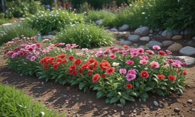 Newly planted flowers emerge in a neatly arranged garden bed ,  nature,  floral arrangement