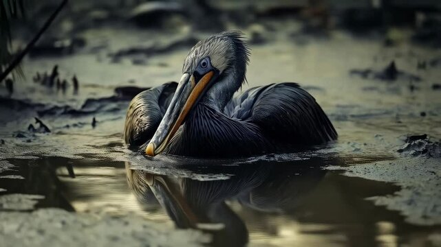 Oil-covered black pelikan struggling in polluted water 