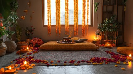 Festive Indian room, window, flowers, candles, puja
