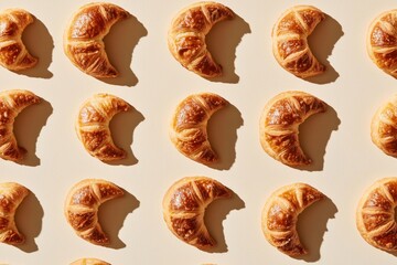 Amidst the butter croissants, a solitary chocolate croissant is visible on a beige surface