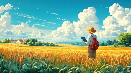 Fototapeta premium Farmer using tablet in sunny wheat field, village background, agricultural technology