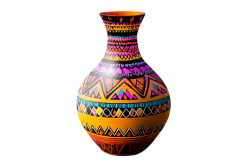 Colorful painted vase with tribal patterns, cut out transparent