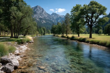 Serene river flows through lush green landscape with mountains in the background on a sunny day
