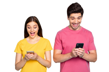 Portrait of his he her she nice attractive charming lovely glad addicted cheerful cheery couple using cell reading feednews blog isolated over bright vivid shine vibrant green turquoise background
