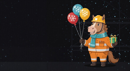 Naklejka premium Horse in a builder's suit with gifts and balloons, symbol of the year . Generative AI