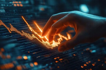 Close-up of hand interacting with glowing digital financial graph and data visualization on futuristic touchscreen interface