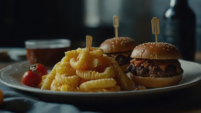 A plate of sliders and fries with a tomato and a jar of sauce in the background on a dark surface