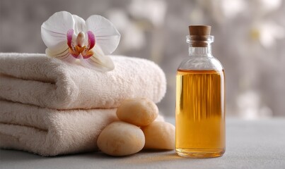 The spa room features a decorative bottle of massage oil placed on a white table in the background