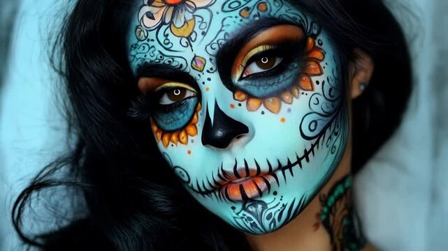 Portrait of sad brunette woman with traditional la muerte makeup 