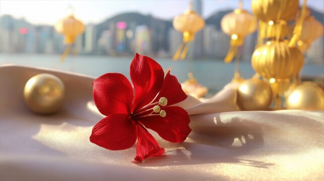 Close-up of a red bauhinia brooch on silk, golden light on petals, festive city backdrop - celebrating Hong Kong's establishment day with elegance.