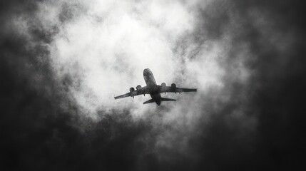 Airplane flying through stormy cloudscape; dramatic sky; travel, weather