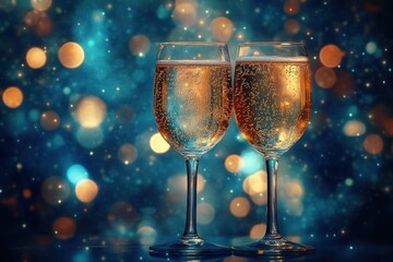 Two champagne glasses filled with sparkling golden liquid against a festive blue and gold bokeh light background evoking celebration and joy