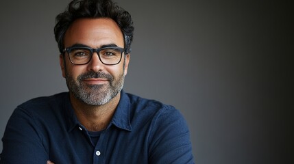 Fototapeta premium Confident Businessman in Deep Blue Shirt: Professional Portrait for Modern Advertising. Smiling Male Model with Crossed Arms on Gray Background. High-Resolution AI-Generated Image for Web Design and C