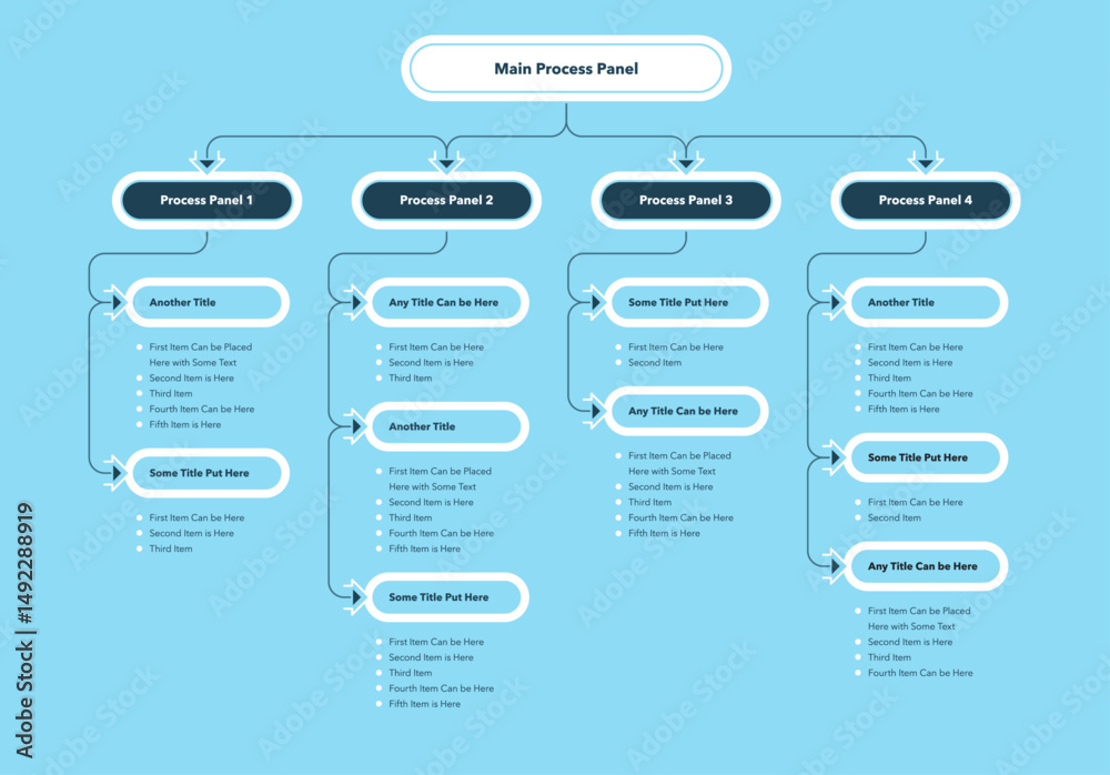 Poster Modern infographic for project or organization structure - blue version. Simple flat template with four colourful options for website or data presentation.