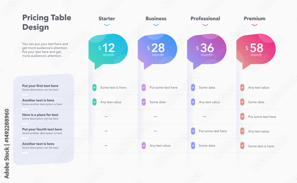 Poster pricing table template for four subscription plans or services. flat infographic design for website 