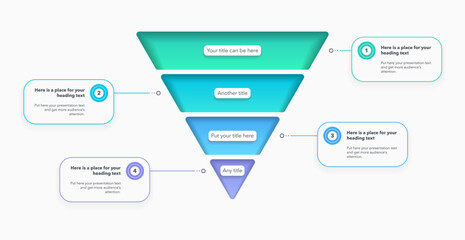 Modern funnel chart template with 4 colorful sections. Creative diagram divided into four parts with numbers and place for your content.