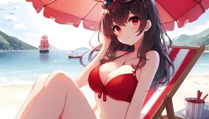 Anime beauty in a swimsuit sitting by the shore under a beach umbrella.