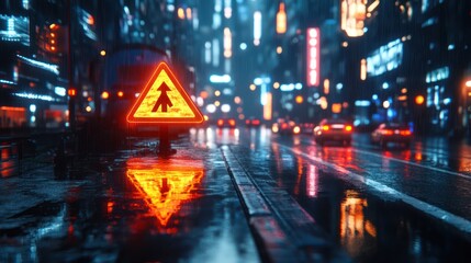 Rainy Night City Street, Tree Warning Sign, Cyberpunk Background, Traffic Blur, Futuristic Film