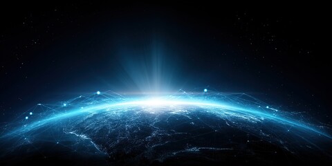 Obraz premium Abstract Digital Blue Glowing Light Connections Over Earth on Dark Background: Technology and Global Network Concept