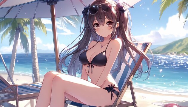 Cute anime girl on sea background, anime background, illustration