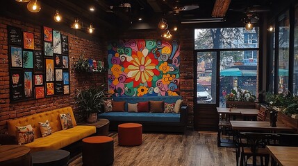 Cozy cafe interior with vibrant mural and comfortable seating