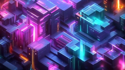 Futuristic digital cityscape with glowing neon pink, blue, and teal lights highlighting a grid of abstract geometric buildings in a high-tech urban environment