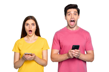 Portrait of his he her she nice attractive overwhelmed couple using cell smm media marketing social influencer share isolated over bright vivid shine vibrant green turquoise background