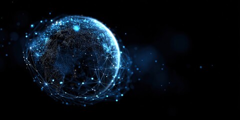 Fototapeta premium Abstract Blue Planet Earth Made of Glowing Dots and Lines on Black Background: Digital Technology Concept for Global Network and Data Transfer