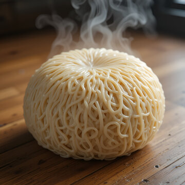 Steaming ball of instant noodles on a wooden surface.