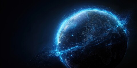 Obraz premium Abstract Blue Glowing Planet Earth with Global Network Concept Made of Light Lines on Dark Background: Digital Technology Design Banner or Wallpaper