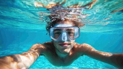 Naklejka premium Underwater selfie, young man snorkeling, turquoise ocean, sunny day, travel