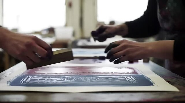 Artists working together on a printmaking project using ink and manual techniques in a creative studio.  