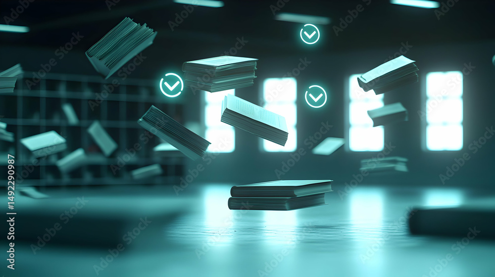 Poster floating teal gray book shaped objects with checkmarks in modern design
