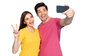 Close-up portrait of his he her she nice attractive charming lovely cheerful cheery optimistic couple taking selfie showing v-sign isolated over bright vivid shine vibrant green turquoise background