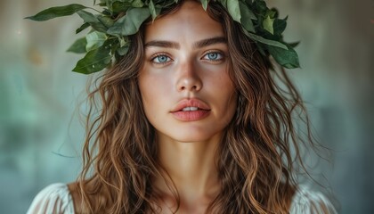 Naklejka premium a striking woman with flowing brown hair and piercing blue eyes gazes directly at the viewer while adorned with a delicate crown of lush green leaves against a blurred teal background.