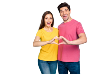 Portrait of his he her she nice attractive lovely charming positive excited cheerful cheery couple hugging showing heart symbol isolated over bright vivid shine vibrant green turquoise background