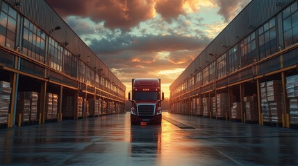 Red truck departing warehouse at sunset; logistics, shipping