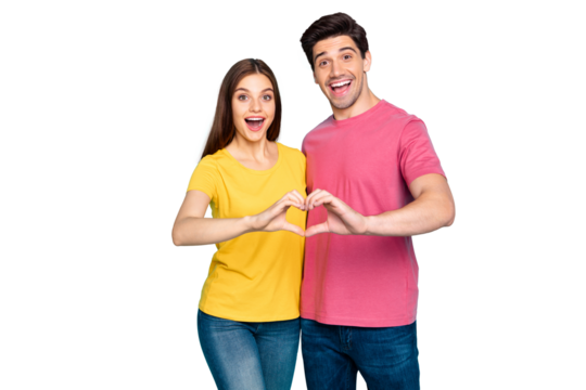 Portrait of his he her she nice attractive lovely charming positive excited cheerful cheery couple hugging showing heart symbol isolated over bright vivid shine vibrant green turquoise background