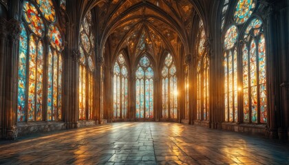 a breathtaking view of a grand gothic hall illuminated by vibrant stained glass windows and reflecting warmly on the polished stone floor.