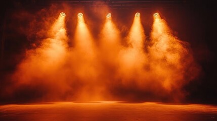 Fototapeta premium Empty stage illuminated by six warm orange spotlights with smoke creating a dramatic atmosphere