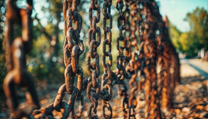 a close-up view of heavily rusted chains hanging in front of a blurred green and brown natural background.