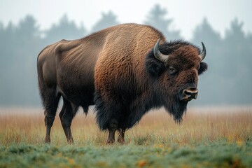 close-up of a solitary bison standing in a grassy field with a foggy forest background, showcasing its thick brown fur and curved horns