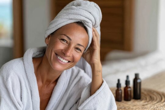 Smiling woman enjoying a spa day at home with natural skincare products and a cozy robe, set in a serene environment