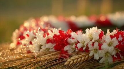 Traditional white-red-white floral wreath with wheat stalks, symbolizing Belarusian heritage and national pride under summer light.