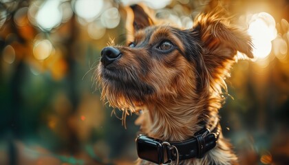 a beautiful yorkshire terrier gazes upwards with a soft, contemplative expression amidst a bokeh-filled, sun-drenched background.