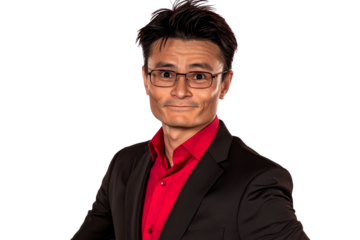 Asian businessman posing in red shirt and suit jacket, cut out transparent